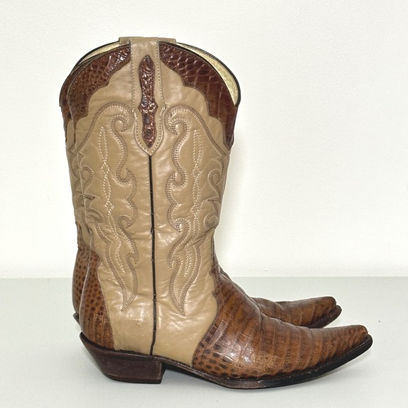VTG El‎ Buitre Men Boots 8 1/2 MEX 27 1/2 US Exotic Brown Leather Cowboy Western - Picture 7 of 13